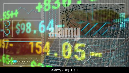 Displaying dashboard on control-room screen display, with panels, gauges, maps and dollar values Stock Photo