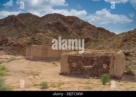 Ancient adobe walls in La Rioja, Argentina, reveal the beauty of abandonment. An arid landscape with mountains in the background, where time stood sti Stock Photo
