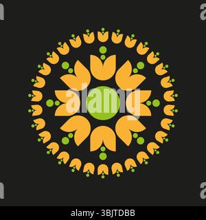 Mandala flower pattern. Circular floral icon. Green orange petals. Vector black background. Stock Vector