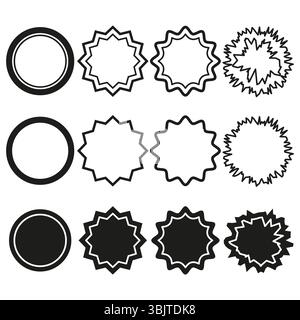 Round star shapes. Vector black outlines. Mixed frame elements. Abstract contour set. Stock Vector