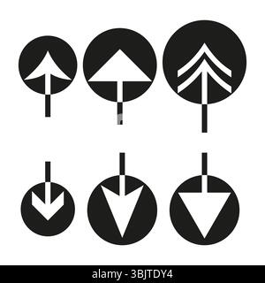Up arrow icons. Upload direction set. Simple vector pointers. Black circular contrast. Stock Vector