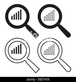 Magnifier icon set. Chart analysis symbol. Vector search elements. Black white contrast. Stock Vector
