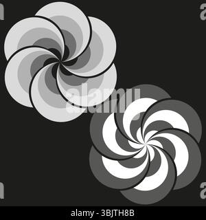 Rotating flower swirl. Gradient petal vector. Dynamic pinwheel motif. Deep noir backdrop. Stock Vector