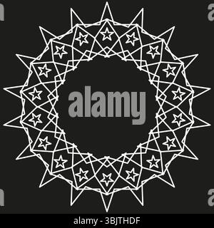 Spiky star icon. Circular jagged figure. Abstract white shape. Vector black background. Stock Vector