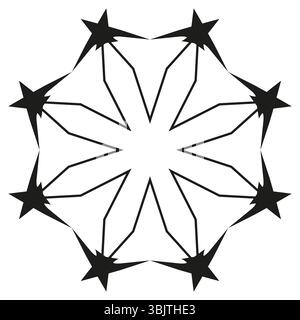 Rotating star icon. Pointed radial emblem. Circular arrow pattern. Vector dynamic shape. Stock Vector