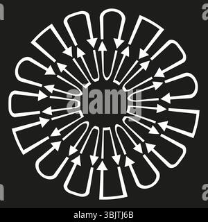 Arrowhead circular burst. Direction pointer shape. Black background contrast. Vector movement icon. Stock Vector