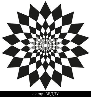 Hypnotic petal vortex. Checkered vector rotation. Spiral black pattern. Optical illusion shape. Stock Vector