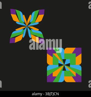 Floral abstract symbol. Radiant symmetry flower. Colorful ribbon cross. Vector petal figure. Stock Vector