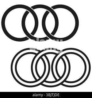 Linked ring icon. Overlapping circle shapes. Black bold loops. Vector intertwined symbol. Stock Vector