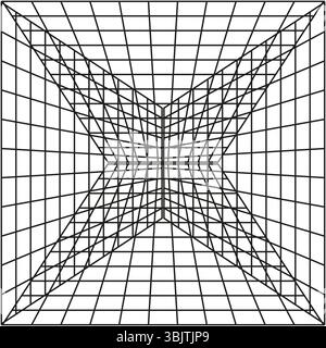 Geometric grid box. Perspective wireframe view. Black linear depth. Vector space dimension. Stock Vector