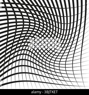 Warped mesh pattern. Distorted grid form. Dynamic vector layout. Curved line structure. Stock Vector