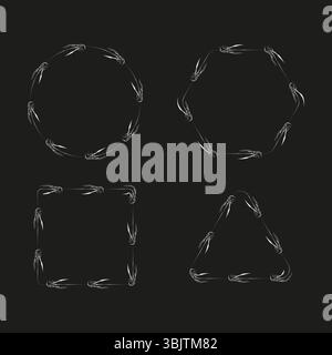 Geometric frames set. Circle triangle square hexagon. White vector outlines. Black background shape. Stock Vector