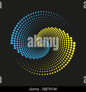 Swirling dot spiral. Blue yellow vector. Radial vortex shape. Black circular background. Stock Vector