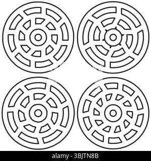 Circular maze icons. Rounded labyrinth symbol. Puzzle structure set. Vector navigation design. Stock Vector