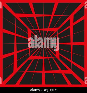 Red tunnel effect. Vector optical grid. Perspective depth illusion. Geometric black background Stock Vector
