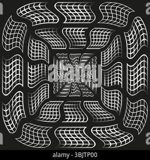 Tunnel depth vector. Optical illusion pattern. Geometric black shape. Warped square design. Stock Vector