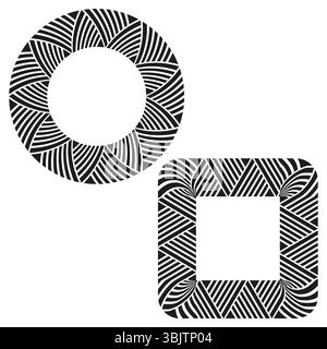 Circle frame icon. Square pattern shape. Curved stripe vector. Black white contrast. Stock Vector