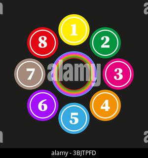 Colorful number circles. Digits one to eight. Round gradient icons. Vector numeric set. Stock Vector