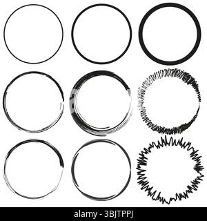 Outlined circle shapes. Rough ring pattern. Fuzzy circle stroke. Vector round elements. Stock Vector