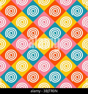 Spirals in colourful tiles seamless vector pattern Stock Vector