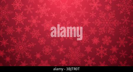 A vibrant Christmas illustration featuring various intricate snowflakes of varying sizes and designs, white on red gradient background. Stock Vector