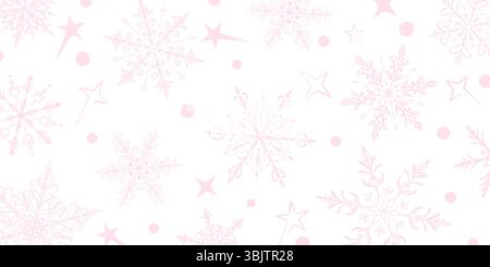 A vibrant Christmas illustration featuring large intricate snowflakes in various designs, interspersed with stars and small circles, pink on white bac Stock Vector