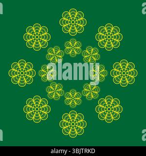 Ornamental green pattern. Decorative flower shapes. Abstract vector symmetry. Dark background icon. Stock Vector
