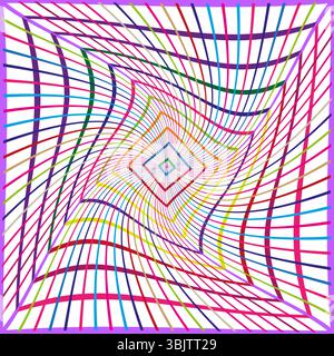 Geometric diamond spiral. Colorful neon pattern. Abstract vector grid. Radiant square lines. Stock Vector