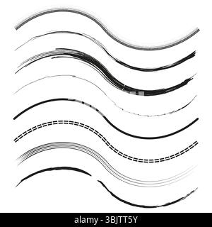 Wavy brush lines. Abstract flowing strokes. Vector ink curves. Dynamic motion symbol. Stock Vector