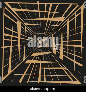 Tunnel perspective icon. Golden square shape. Black vector layout. Abstract geometric depth. Stock Vector