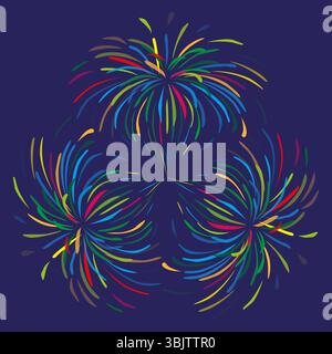 Colorful firework bursts. Festive explosion vector. Celebration night event. Dynamic light spectacle. Stock Vector