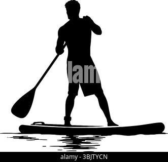 Paddleboarder paddles across water creating a silhouette on a bright clear day perfect for watersports enthusiasts Stock Vector