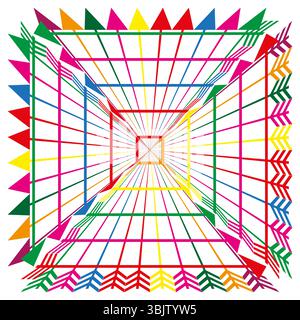 Geometric frame depth. Perspective vector lines. Bright colorful tunnel. Optical illusion square. Stock Vector