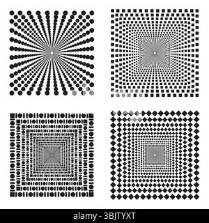 Radial square patterns. Central perspective layout. Abstract dotted design. Vector optical forms. Stock Vector