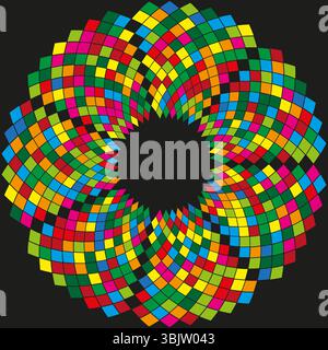 Colorful mosaic ring. Abstract vector circle. Vibrant tiled wheel. Black background contrast. Stock Vector