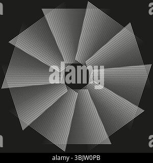 Grayscale fan illustration. Radial shutter symbol. Abstract rotor Vector. Dynamic petal design. Stock Vector