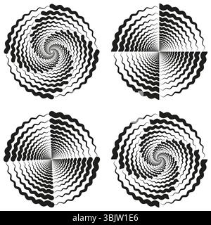 Circular wave set. Optical spiral forms. Black abstract shapes. Vector motion design. Stock Vector