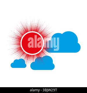 Red sun vector. Blue clouds shape. Radiating light burst. Bold flat weather. Stock Vector