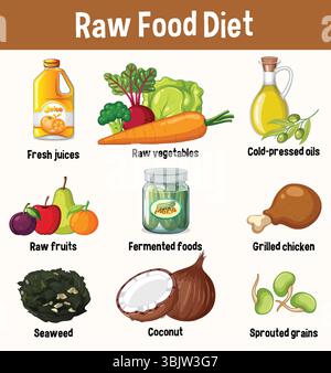 Colorful vector illustration highlighting key raw food diet components, including fruits, vegetables, and oils. Ideal for educational purposes Stock Vector
