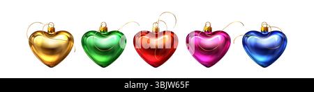Glossy 3d heart bauble balloon collection. Metallic shiny ornaments in festive colors with golden strings for Valentine Day decorations, Christmas tree ornaments, romantic holiday greeting card. Stock Vector