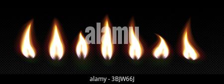 Realistic 3d birthday candle flames collection on dark background - glowing fire elements with warm light effects in different shapes and movements for party decorations, cake designs or celebration. Stock Vector