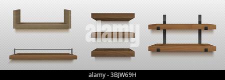 Wooden wall shelf collection - timber planks with metal brackets, brown storage boards for home decor. Modern furniture with mount, black supports, minimalist design elements in various styles. Stock Vector