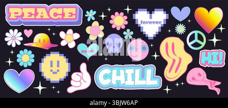Y2k sticker collection with smile faces, daisies, hearts and retro text. Nostalgic peace signs, melting shapes, pixel graphics and sparkles in pastel colors for trendy art or aesthetic decorations. Stock Vector