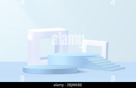 Minimal stair podium composition - 3d geometric display platforms with steps and cube archway in blue soft pastel colors. Abstract architectural scene for product showcase, modern exhibition design. Stock Vector