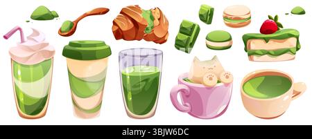 Matcha dessert set of Japanese tea flavored treats - layered drinks, latte cups, with cat foam art, powder spoon, croissant and chocolate blocks, macarons and strawberry cake. Cute cartoon style. Stock Vector