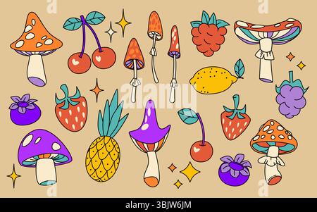 Retro mushroom and fruit rainbow collection - psychedelic toadstools with cherries, strawberries and pineapple, lemon and berries. Groovy 70s fungi illustration set for hippie vintage designs. Stock Vector