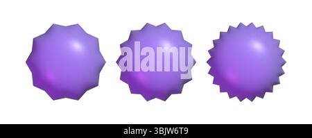 3d starburst badge set. Realistic glossy purple button Stock Vector