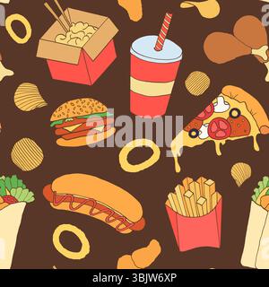 Doodle fast food seamless pattern. Junk meals background. Stock Vector
