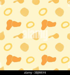 Snacks seamless pattern. Junk food background with chips Stock Vector