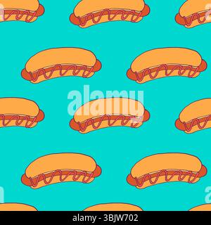 Seamless hot dog pattern. Fast food doodle vector background Stock Vector